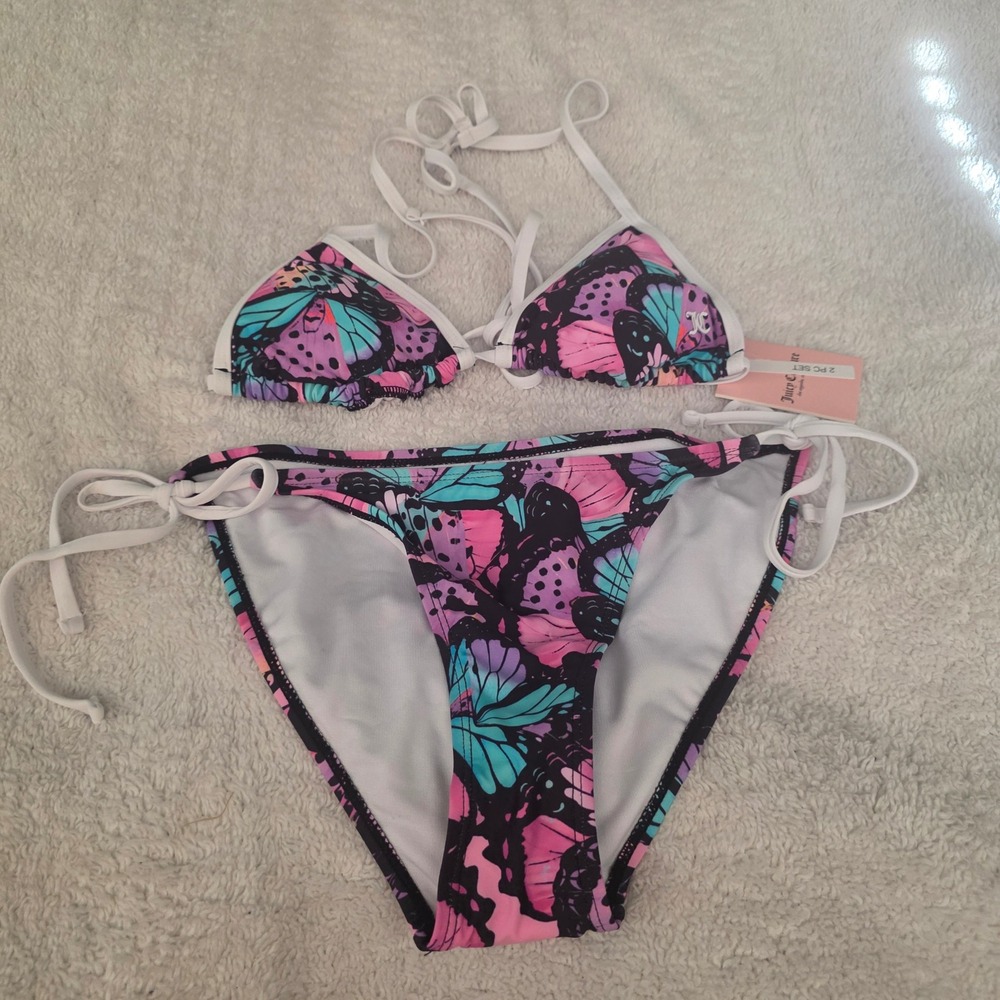 Juicy Couture Butterfly Print Bikini Set Triangle Top Y2K Retro 2000s McBling S
